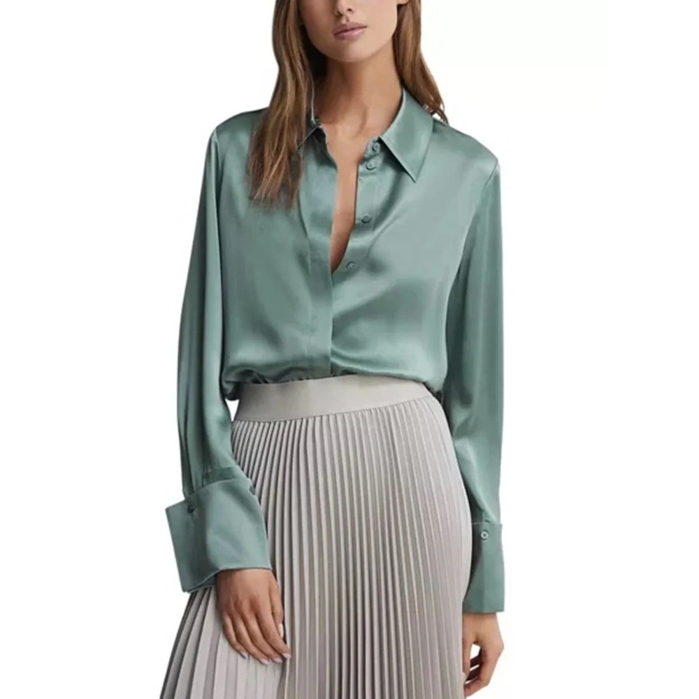 NWT Reiss Hailey 100% Silk Shirt Blouse Womens 2 Sage Luxury Minimalist Satin